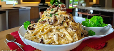 Creamy mushroom pasta dish with truffles and bacon in a delicious presentation