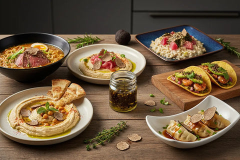 A rustic wooden table displays an array of gourmet dishes, including a bowl of ramen with truffle slices and egg, plates of hummus topped with chickpeas and herbs, tacos filled with shrimp and avocado, rice bowls garnished with vegetables,