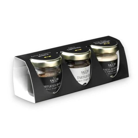 Black and silver truffle salt set with glass jars from Terra Ross luxury gourmet gift boxes