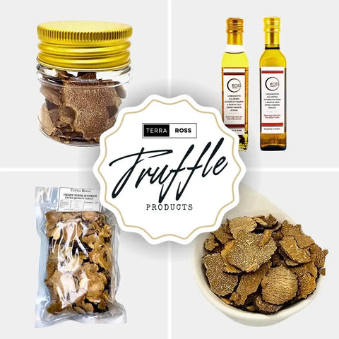 Terra Ross Hand-Picked Truffle Delicacies jar with yellow lid and black label, gourmet set
