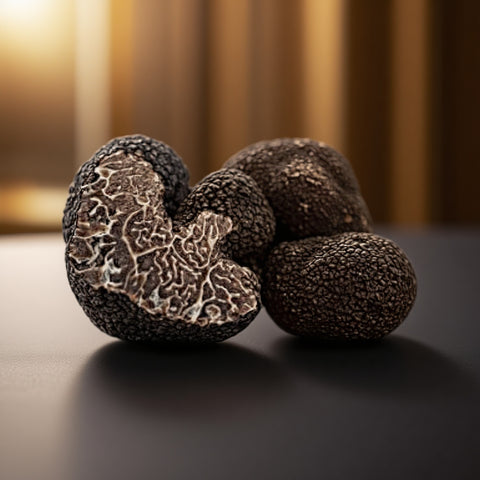 Close-up of truffles on a dark surface with a blurred background