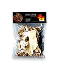Dried porcini mushrooms snack bag with colorful textures and Boletus Edulis label