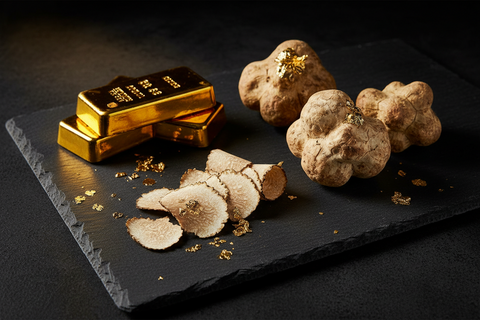 Truffles and gold bars on a dark slate surface