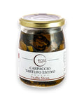 Jar of truffle carpaccio with extra virgin olive oil and gold lid labeled carpaccio tartufo estivo